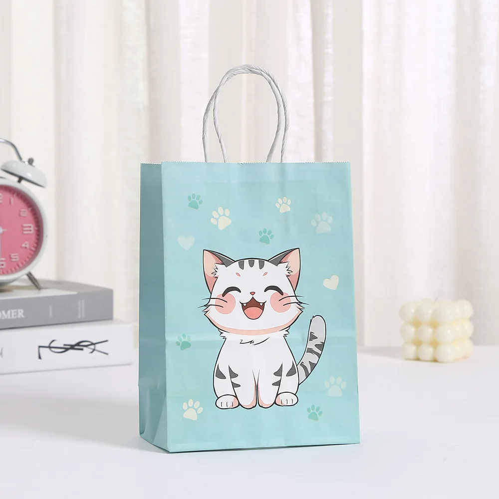 6Pcs Pink Colorful Cat Paw Print Paper Candy Bags Gift Bags With Handles For Animal Pet Theme Birthday Party Decorations Favors