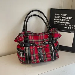 Dark heavy rivet Tote bag niche design large capacity plaid single shoulder crossbody bag trend motorcycle bag