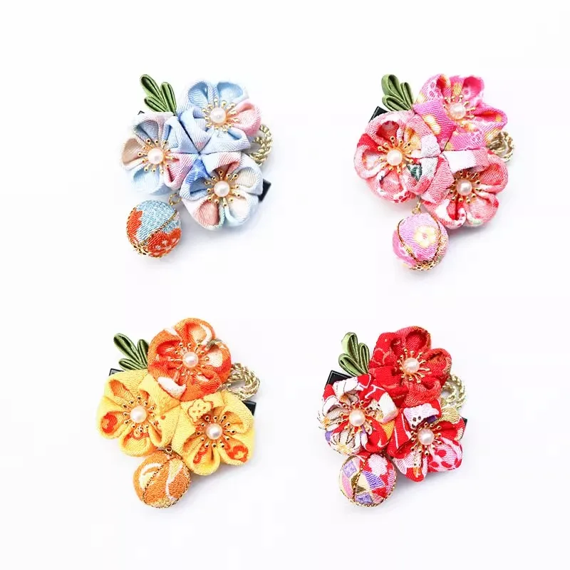 

Japanese Cherry Blossom Kanzashi - Handcrafted Fabric Flower Hairpin, Traditional Geisha-Style Hair Ornament