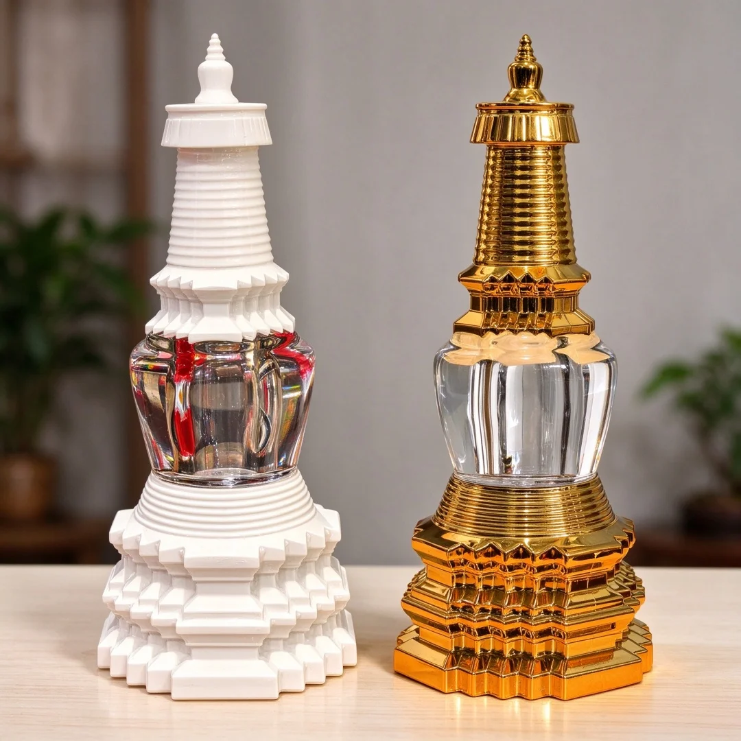 Tibetan Stupa Gau Box Mount Wutai True Body Relic Pagoda Acrylic Transparent Gold Buddhist Altar Ornament