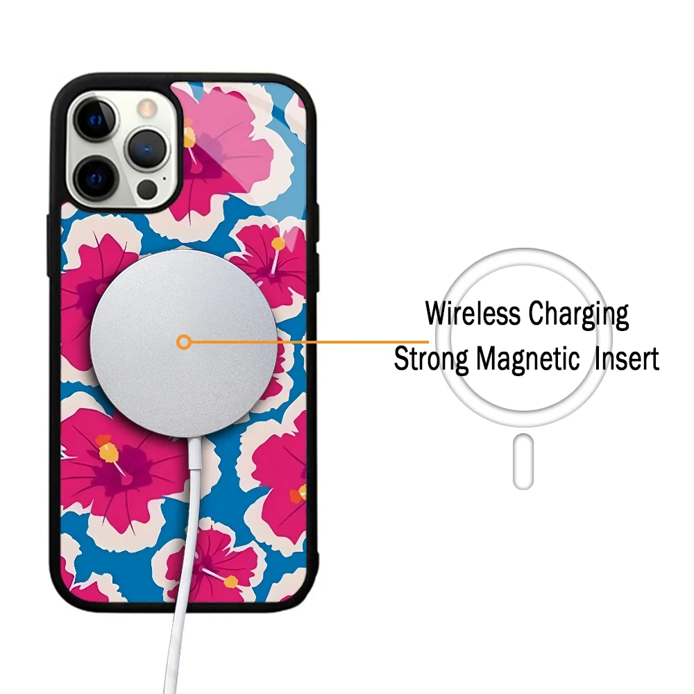 Pink And Blue Hawaiian Phone Case For IPhone 11 12 13 14 15 Plus Pro Max Mirror Acrylic Cover For Magsafe Wireless Charging