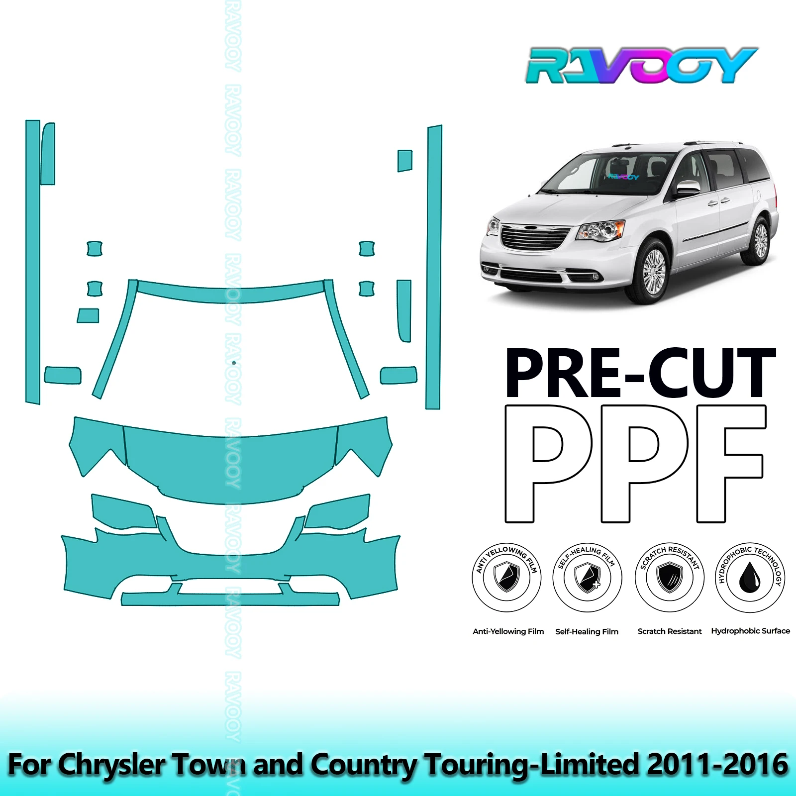 

8.5Mil Precut Paint Protection Film PPF Clear Bra Front Kit+Rockers For Chrysler Town and Country Touring-Limited 2011-2016