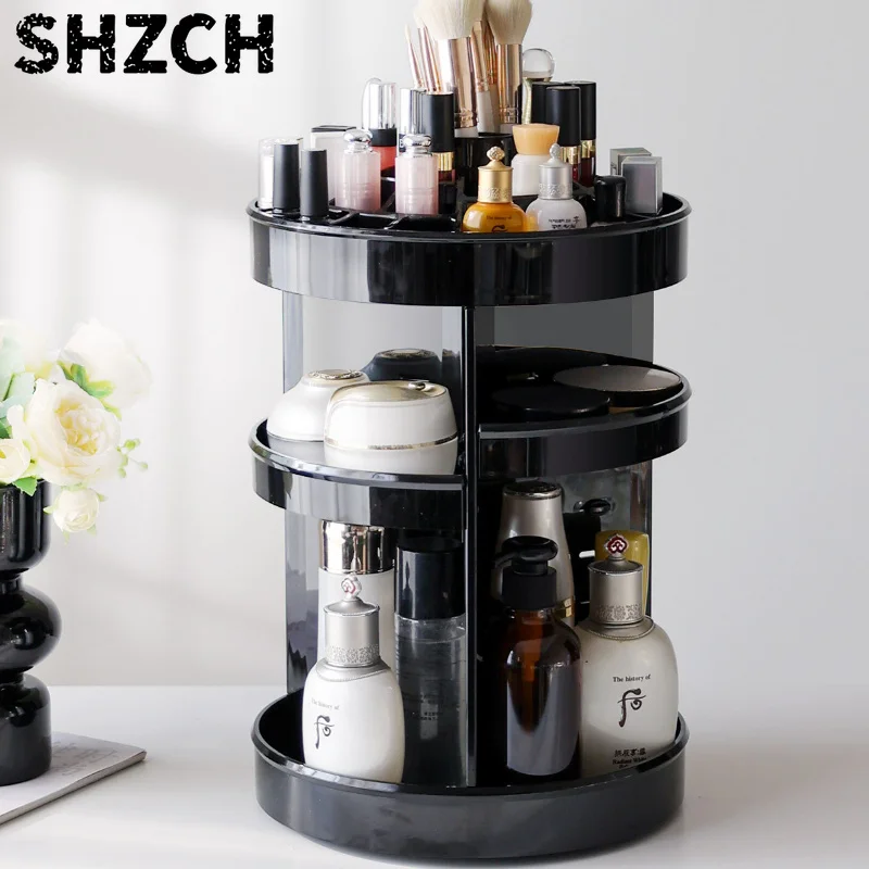 Rotating Large Capacity Cosmetics Storage Box High-End Black Desktop Organizer for Skincare Products Makeup Brushes