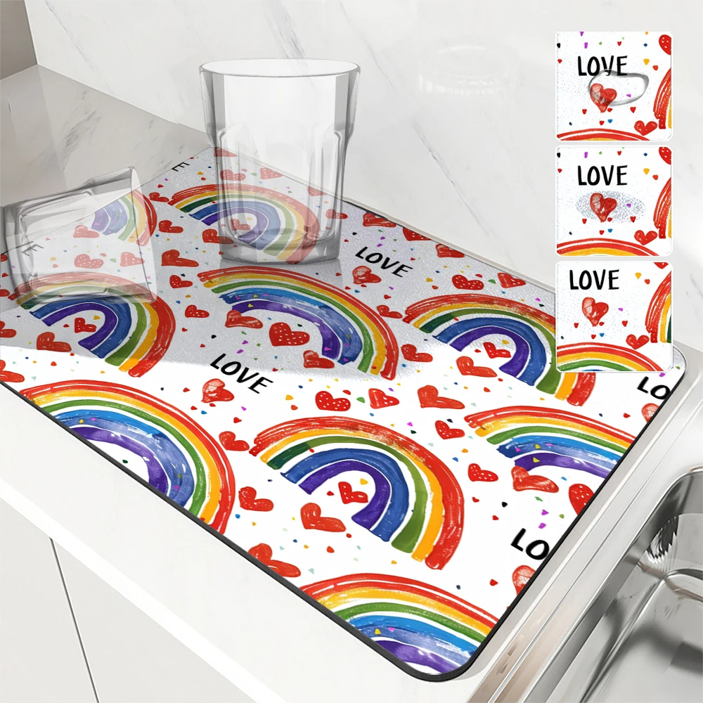 1pc Drying Mat Pride Month Rainbow Love Non-Slip Absorbent Mat Tableware Kitchen Counter Drain Mats Placemats for Table