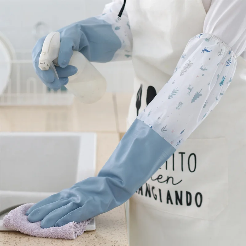 قفازات تنظيف قطيفة ممتازة للنساء - قفازات منزلية بأكمام طويلة 28 سم لغسل الأطباق وغسل الخضروات - قبضة مضادة للانزلاق
