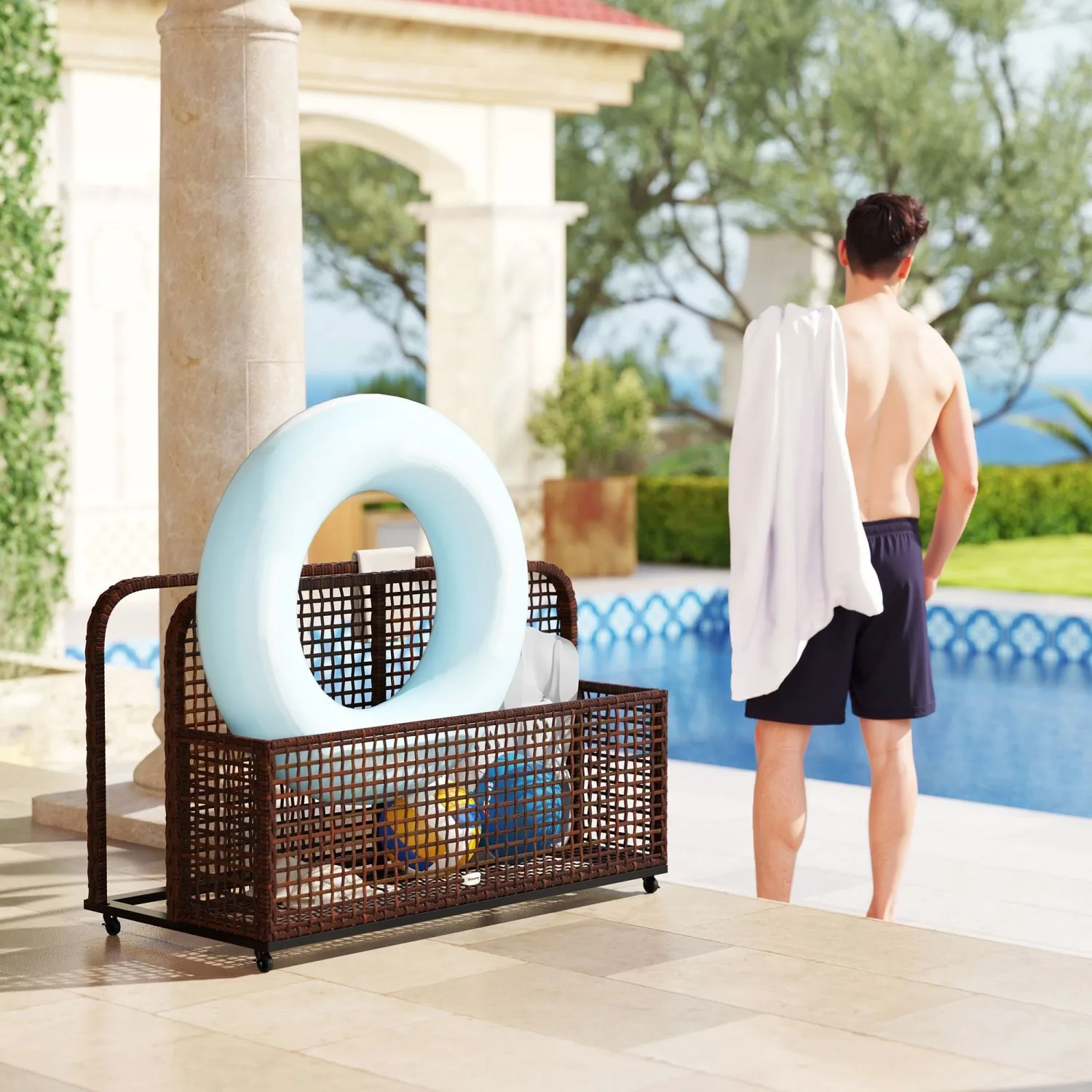 Almacenamiento flotante para piscina Outsunny, carrito para piscina, con ruedas, 43,25