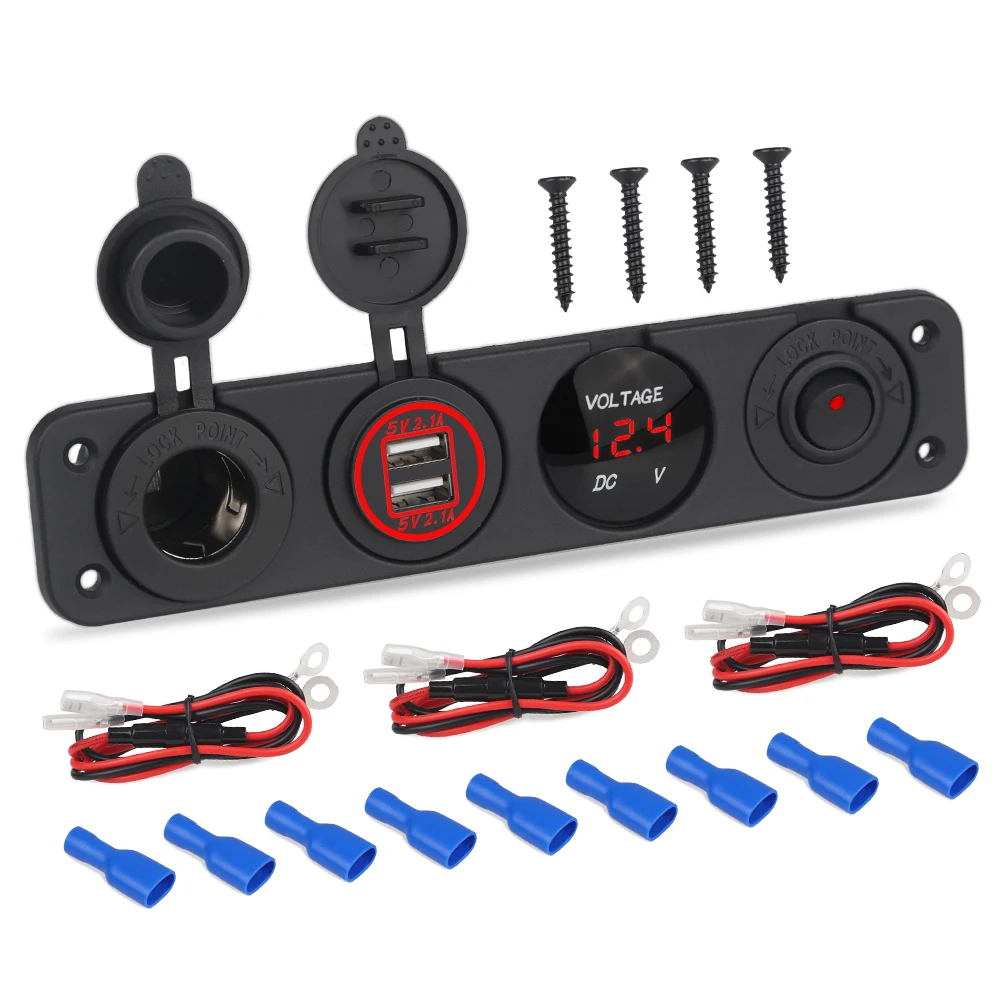 LED Rocker Switch Panel with Digital Voltmeter Dual USB 4.2A Cigarette Lighter Socket Waterproof Switched for Car Marine Boat