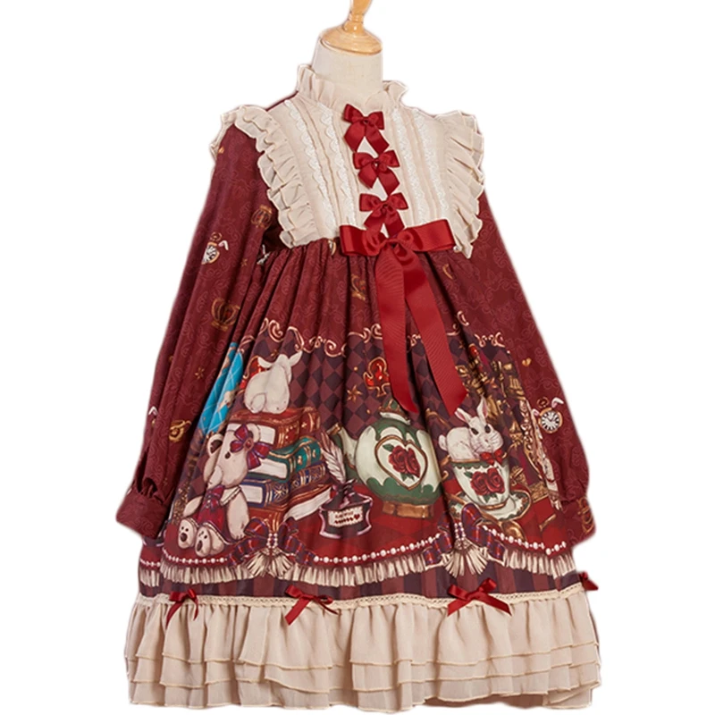 Lolita Kleid süßes Mädchen Weihnachten Neujahr rotes Kostüm Vintage Rüschen Prinzessin op Langarm japanischen Stil Kawaii Kleidung