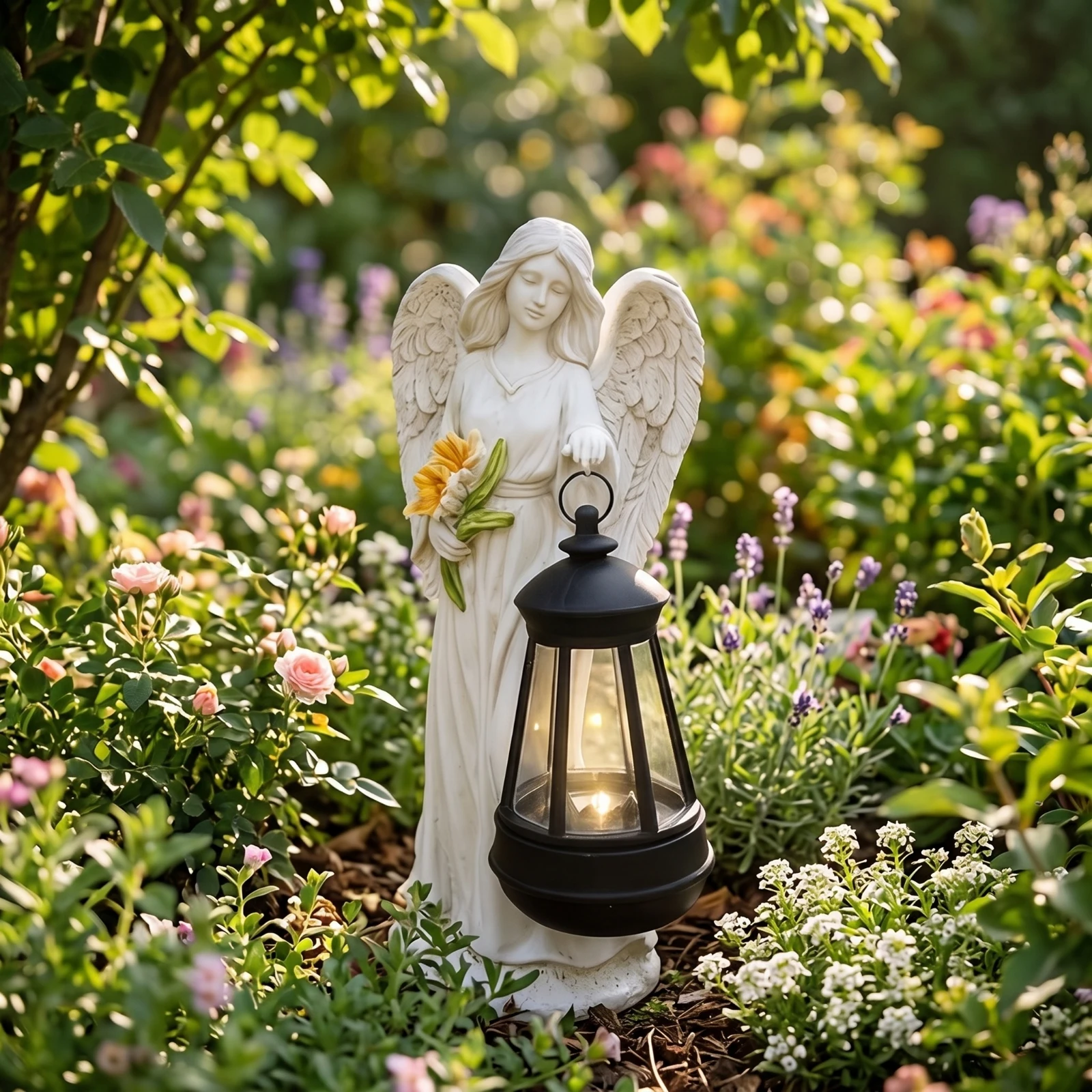 Angel Figurine with Lantern Outdoor Angel Statue Garden Lantern Decorative Sculpture Light-up for Patio, Courtyard