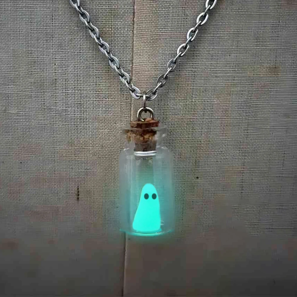 Blue Ghost in A Bottle Necklace The Adopt A Ghost Pendant Necklace Glow-In-The-Dark HalloweenNecklace Tiny Christmas JewelryGift