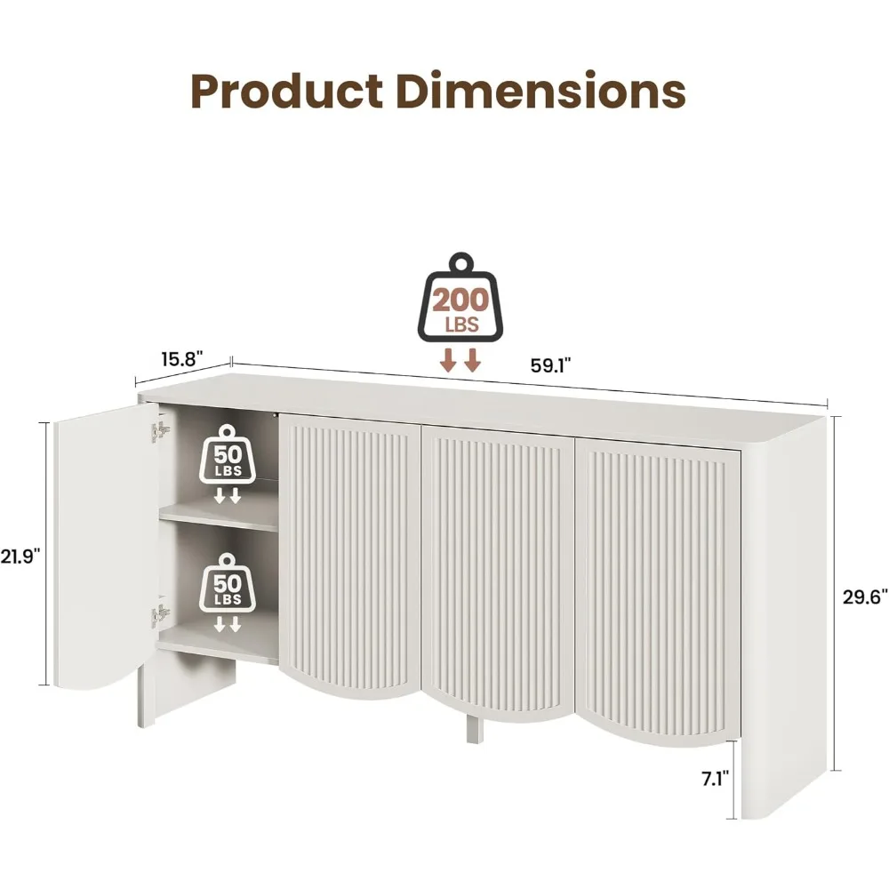 خزانة بوفيه جانبية مع مساحة تخزين، وخزانة تخزين مخددة مع 4 أبواب وأرفف قابلة للتعديل، وحامل تلفزيون Credenza الحديث #2