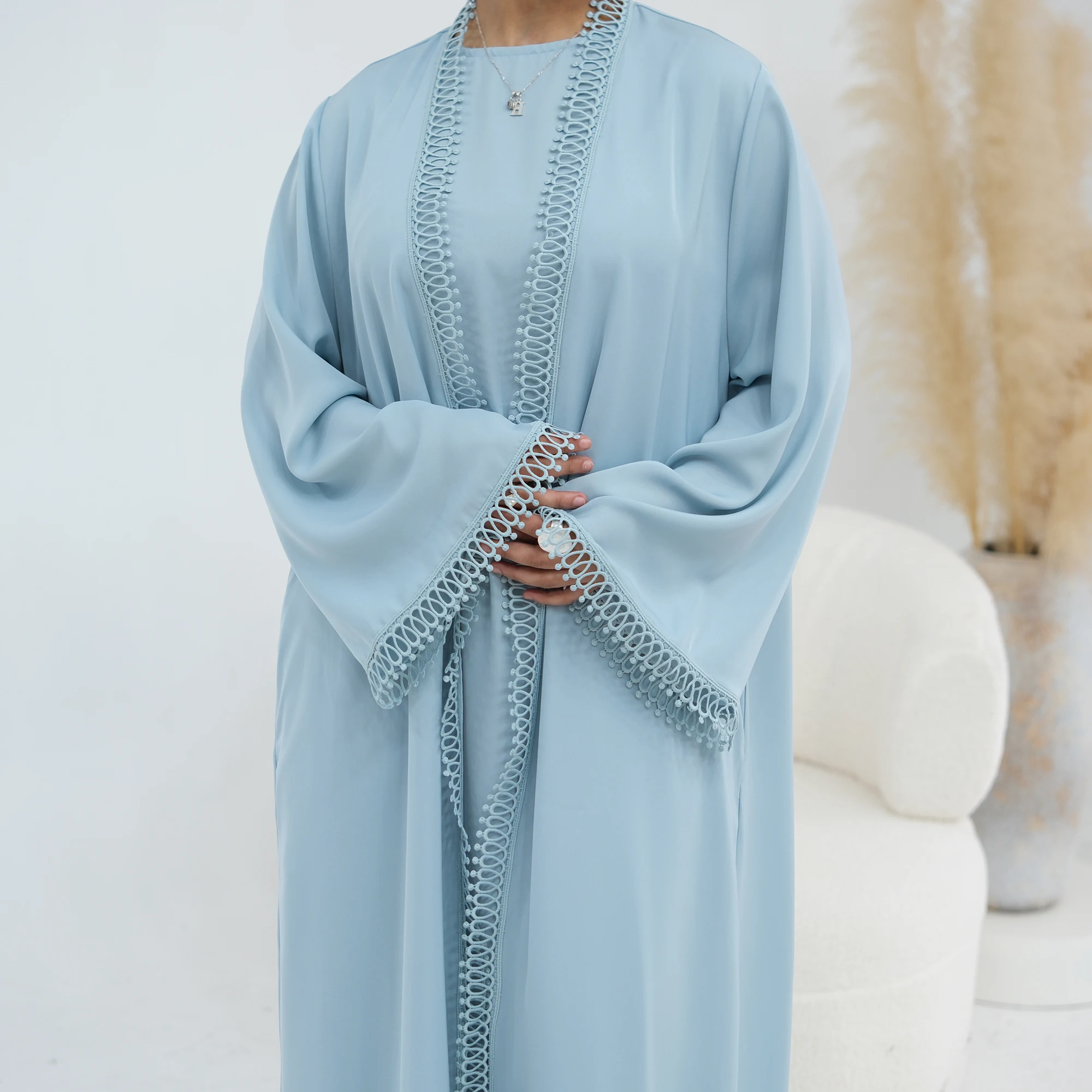 Elegant Relaxed Regular-Fit Muslim Women Abaya Set for Eid Party Events Resort Wear-Loop Lace Trim Kimono Robe&Sleeveless Dress