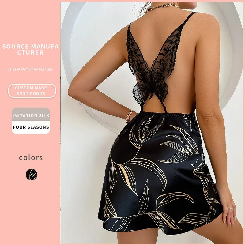 

DNLin New Sexy Backless Sleeveless Summer Short V Neck Cross Strap Silk Like Women's Fashion Loungewear Nightdress