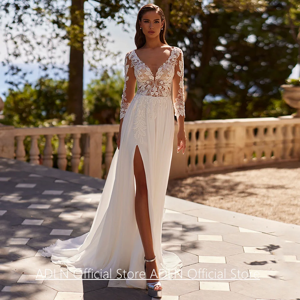 بوهو شاطئ فستان الزفاف Vestidos De Novia مخصص كم طويل الديكور زين الوهم الشيفون فستان زفاف الشق العالي