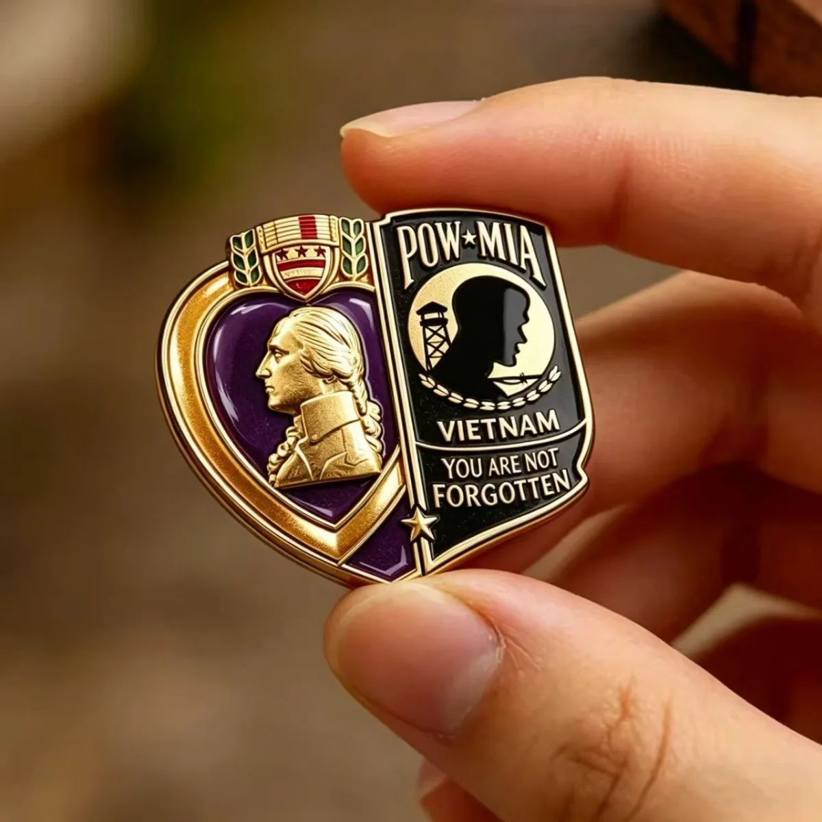 Special Vietnam War Veteran Memorial Purple Heart Enamel Lapel Pin Badge Commemorative Brooch with Gold Tone Border and Quote