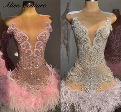 Sexy Pink Crystals Short Prom Dress For Black Girl 2024 Diamonds Beads Homecoming Gown Birthday Cocktail Dress Feather Customize