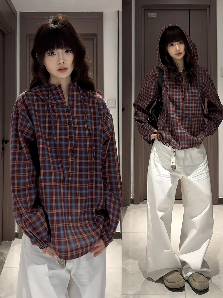 

Красная клетчатая толстовка с капюшоном и длинными рукавами для мужчин, весенняя, в американском стиле, с воротником Хенри, премиум-класса, свободного кроя