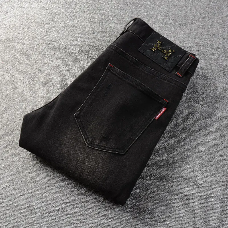 Pantalones vaqueros rasgados elásticos para Hombre, Jeans Retro de moda urbana, color negro y gris