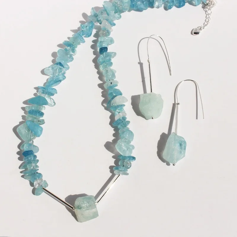 2025 New Arrival Autumn Winter Imported Natural Aquamarine Beaded Necklace Rock Sugar Square Earrings Jewelry Sets