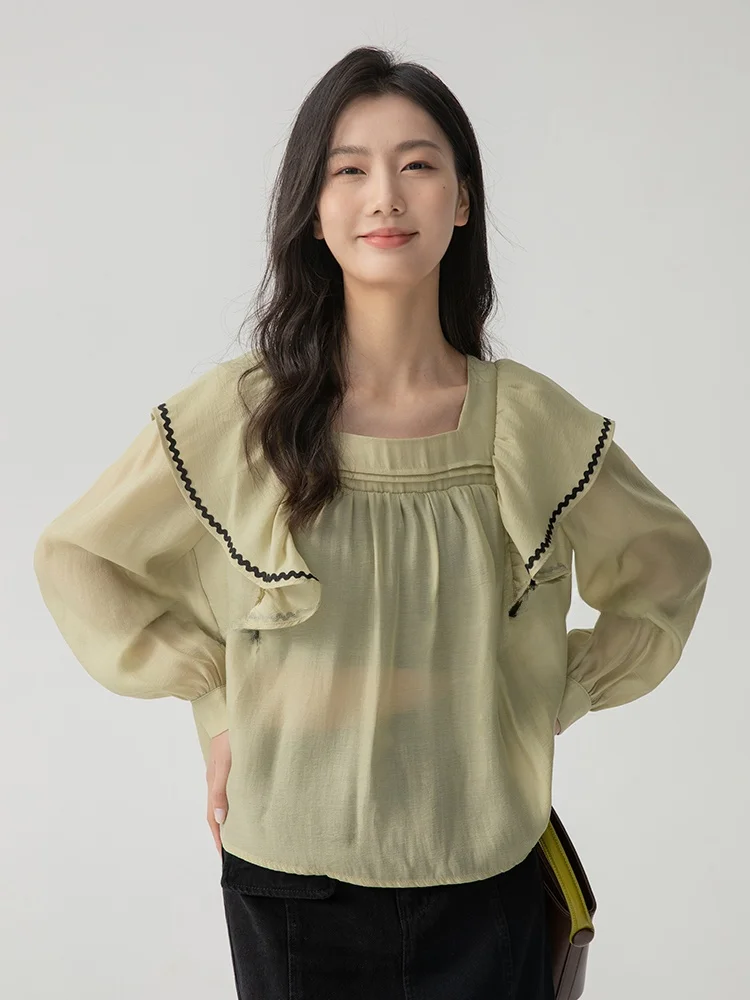 

Gansan Wood Grain Chiffon Bubble Sleeve Shirt Women's Commute Style Long Sleeve Square Collar Regular Length Shirt