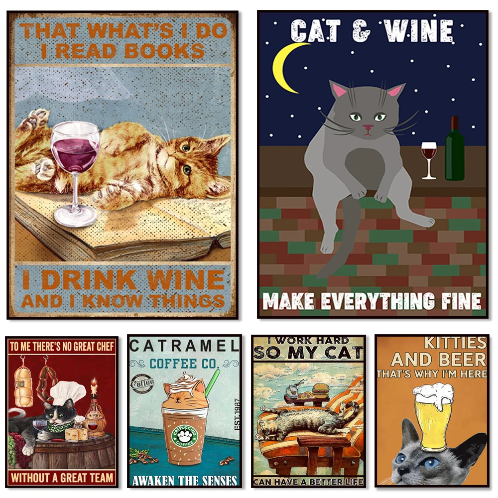 My heart would be empty without my cat and coffee, cat drinking coffee, funny cat drinking feeling beautiful retro poster,