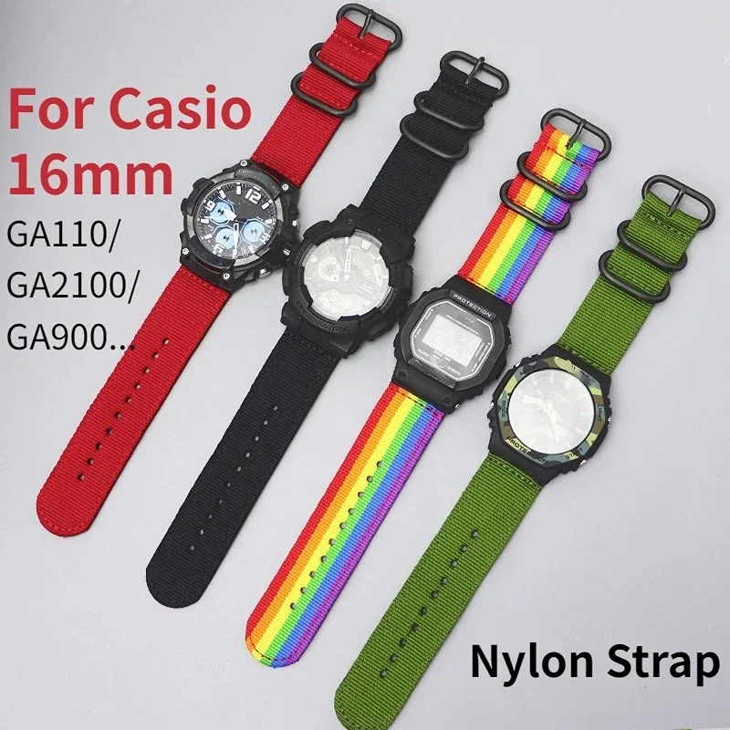 ไนล่อนสายนาฬิกา16มิลลิเมตรสำหรับ Casio GM110 GM2100 GA900 GA110 GA2100ผ้าใบสายนาฬิกาข้อมือสายรัดไนลอนสีดำสายรุ้ง
