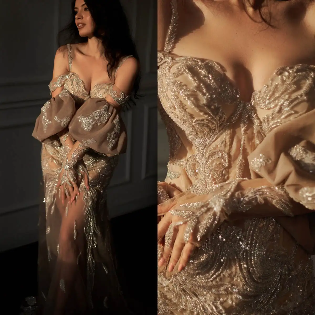 Elegante Brautkleider im Meerjungfrau-Stil, schulterfrei, Applikationen, Perlen, rückenfrei, bodenlang, Prinzessin-Braut-Hochzeitskleid nach Maß