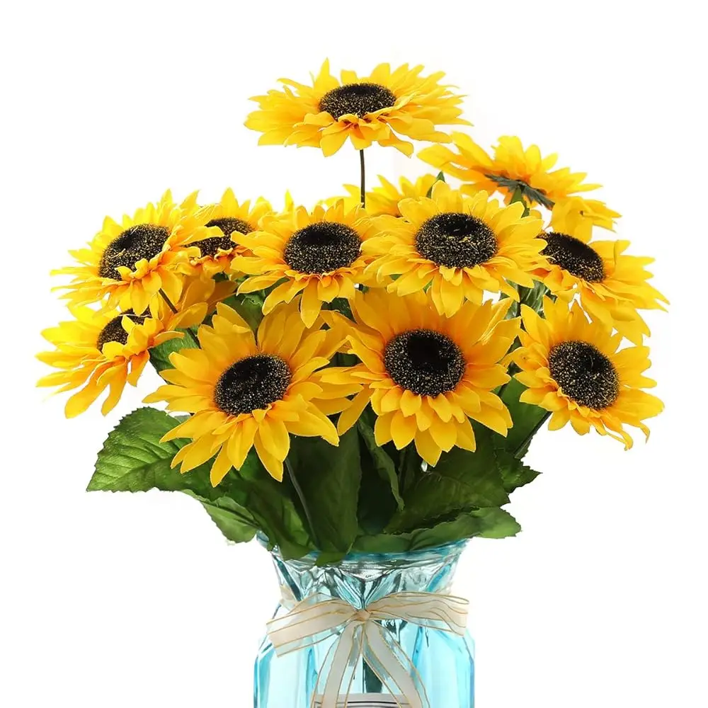 

Искусственный букет подсолнухов 15,74 дюйма с 14 цветками (разные диаметры), 40 листьями, из искусственного шелка