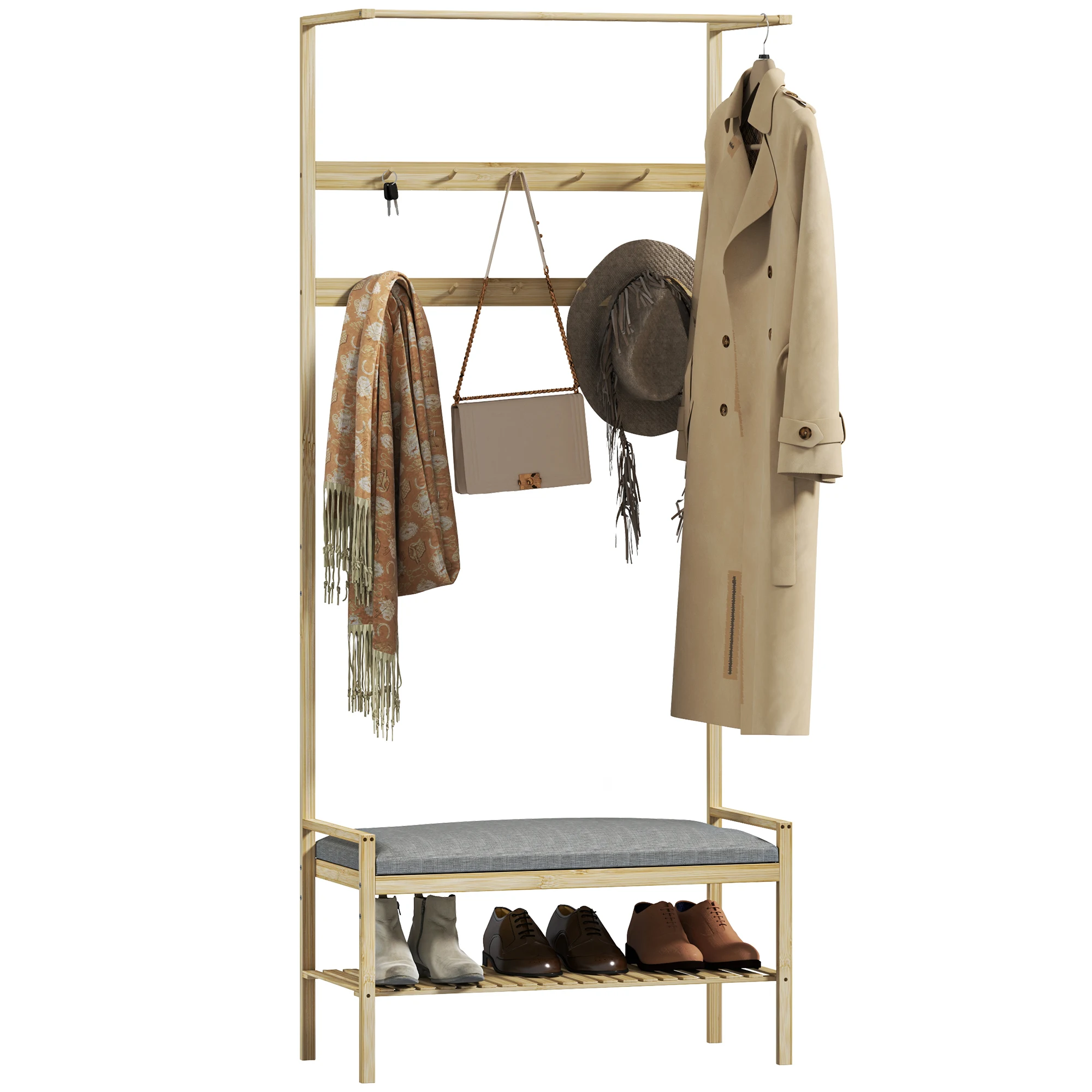 HOMCOM Perchero Zapatero con Banco Ganchos Zapatero y Compartimento de Almacenaje para Entrada 73,5x34x171 cm Gris y Natural