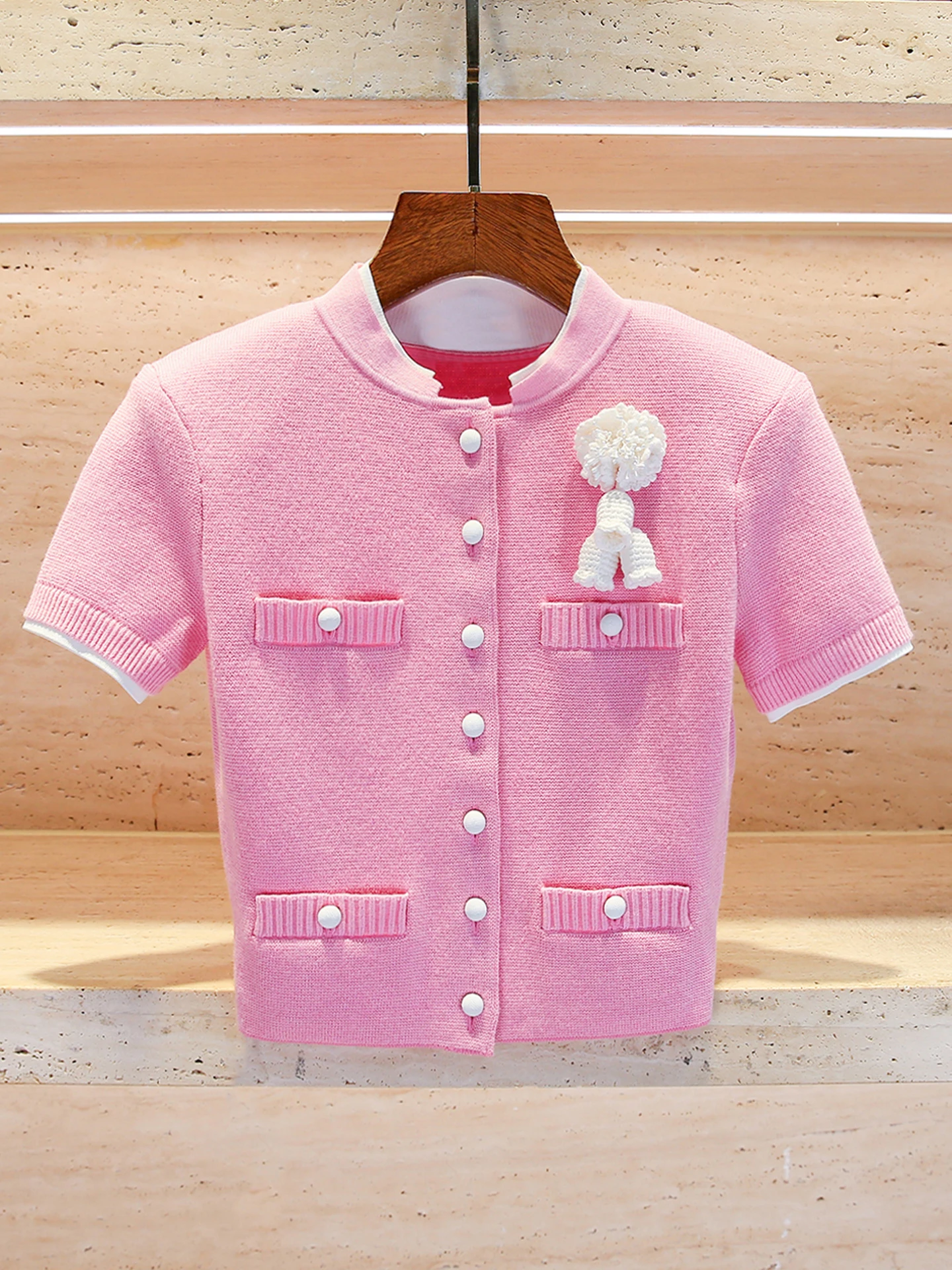 

Pink Flower Knitted Open Cardigan Top Women's Faion Ele Sle ort Sve Slim Fit Commute Sle Daily Wear AL6305