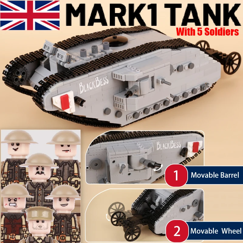 

WW1 England MARK1 Main Battle Tank Building Blocks War Scene Military Vehicle Sticker Soldiers Figures Weapons Bricks Toys Gift