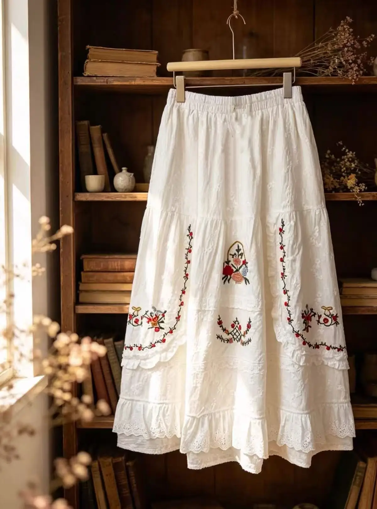 2027 Mori Kei Clothing Japanese Style 100% Cotton Elastic Waist Cartoon Flower Embroidered White A-line Long Skirts