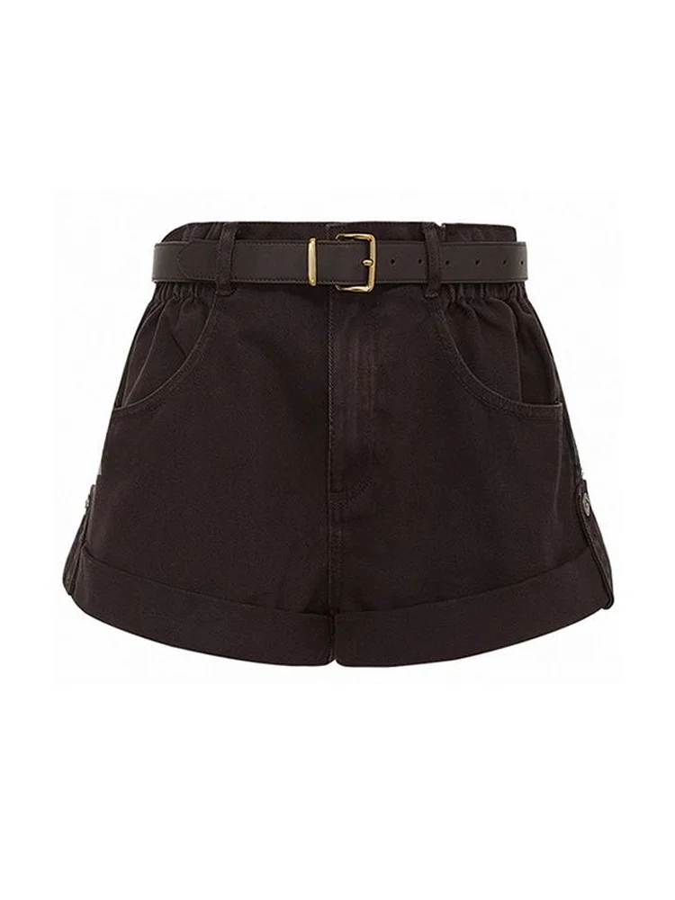 

Mimius American Retro Low Waist Bla Denim orts with Belt Sexy Hot Pants Cotton Casual Trousers for Ladies High Waist