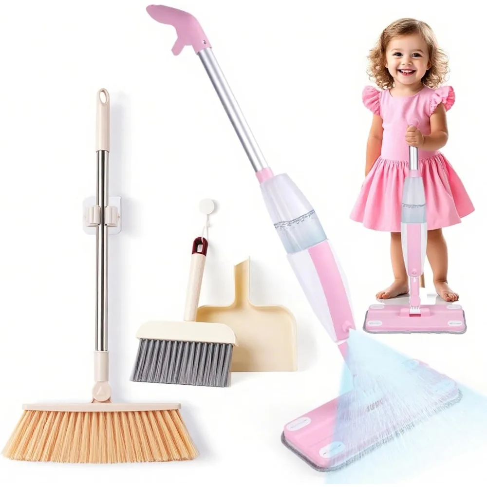 

Kids Spray Mop Set with Real Working Mini Mop, Broom & Dustpan for Pretend Play and Montessori Learning - Pink