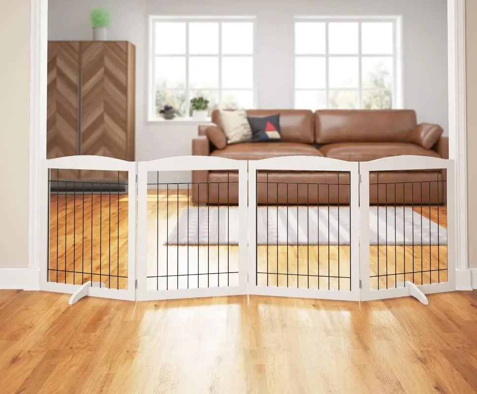 

PAWLAND Extra Wide Dog gate, Freestanding Foldable Wooden Pet Gates for Dogs, 96 in Wide 30 in Tall, 4 Panels White