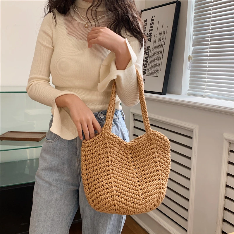 

Summer Knitted Bag 2025 Women Cotton Thread Crochet Tote Bag Casual Designer Handbag Solid Color Woven Beach Shoulder Bag