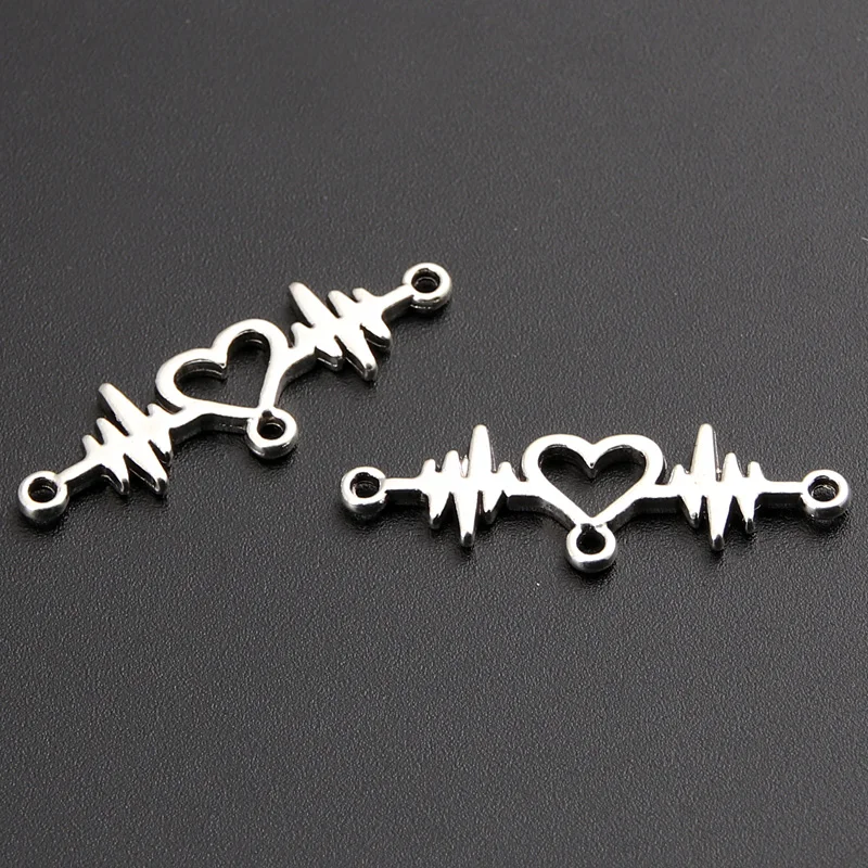 50pcs Silver Color 31x10mm Love Heartbeat Charms Connector Pendant Fit DIY Handmade Jewelry Making Metal Alloy Supplies