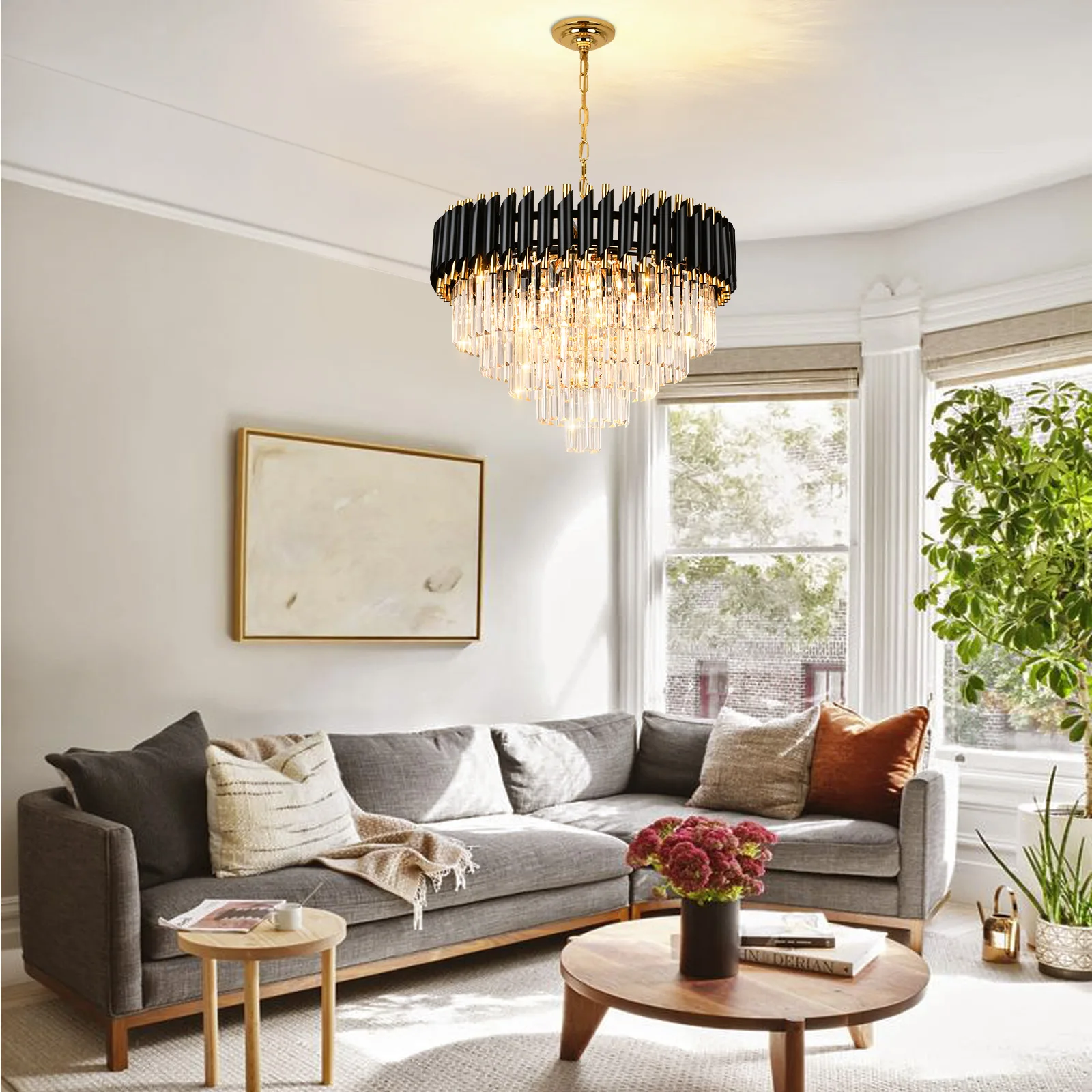 Modern Crystal 5-Tier Black and Gold Chandeliers for Dining Room Bedroom Living Room Foyer Farmhouse,E12*8 Ø23.6 inch