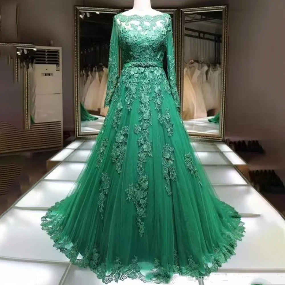 

Colorful Wedding Dresses Boat Neck Long Sleeve Bride Dress Tulle A Line Appliques Bridal Gown Customized vestidos de novia