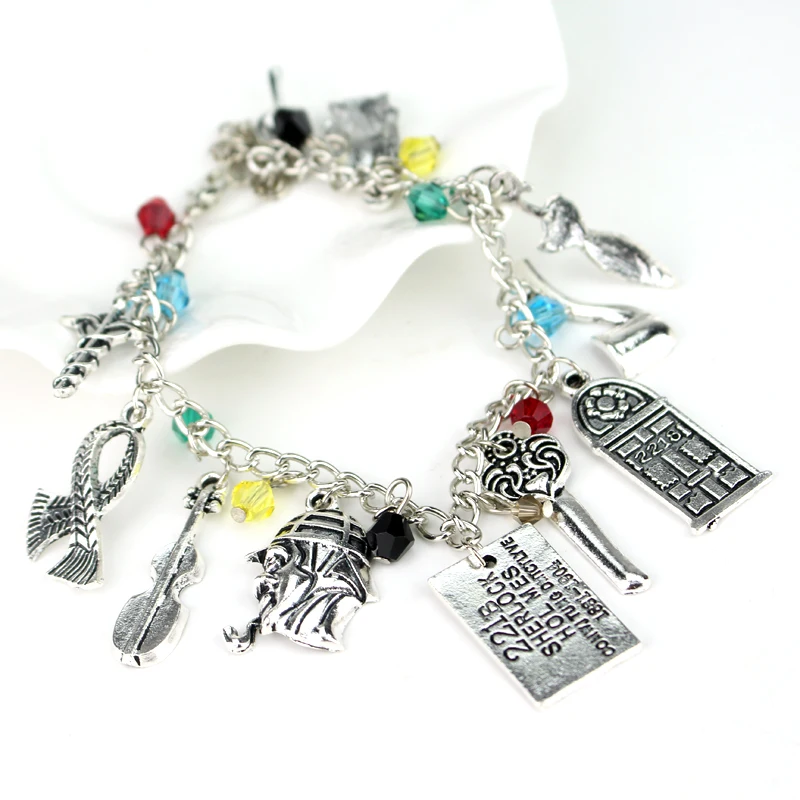 Classic TV Show Sherlock Bracelet 221B Key Tobacco Pipe Wind Coat Scarf R.A.M.C Charms Bangle for Fans Jewelry Gift