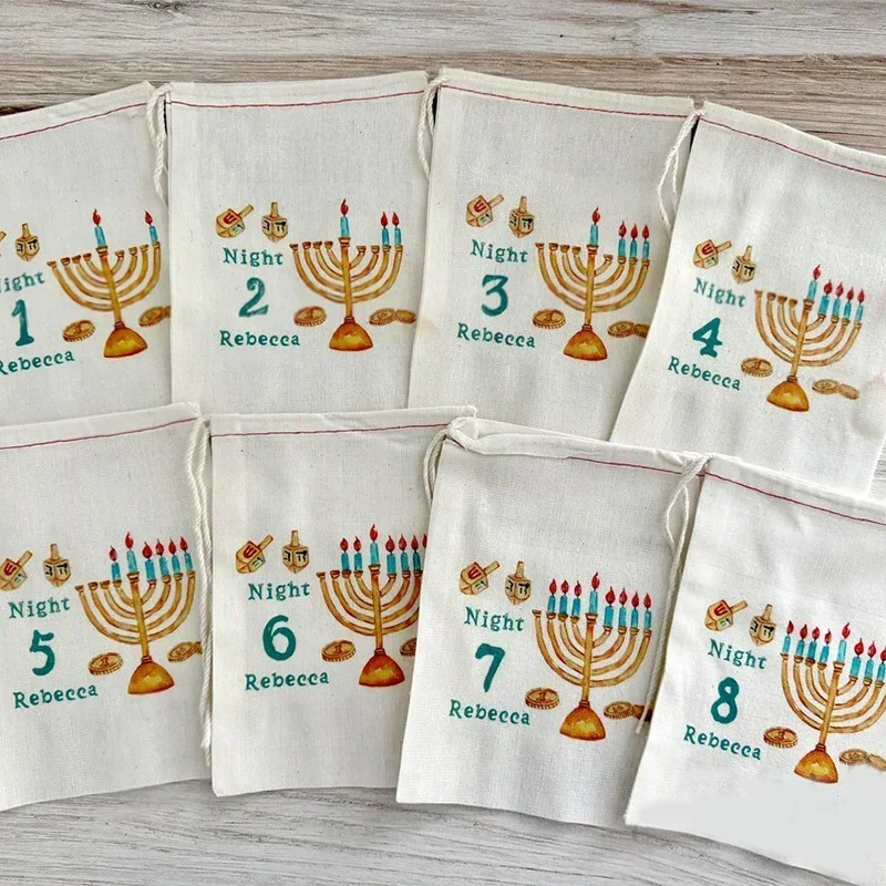 

Personalized custom name 8 Nights of Chanukah Bags Happy Hanukkah Jewish Holiday decoration children kid boy girl Gift present