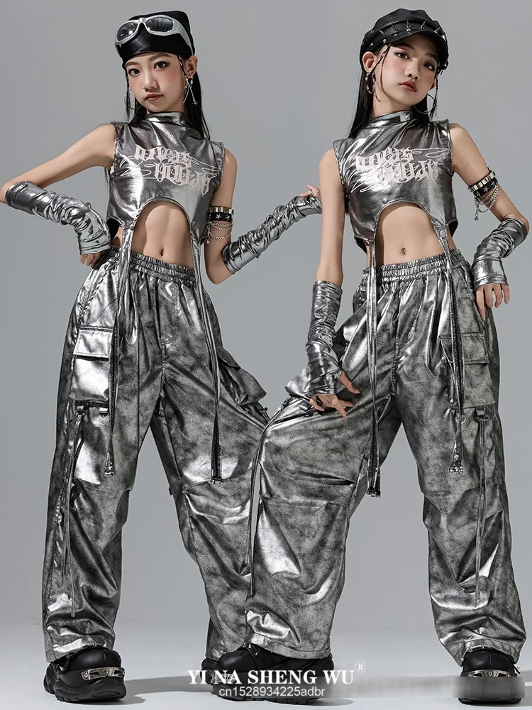 Abiti jazz argento Abiti da ballo hip-hop Ragazze Bambino Costume da performance Kpop Bambini Passerella Abbigliamento da concerto Abbigliamento da palcoscenico