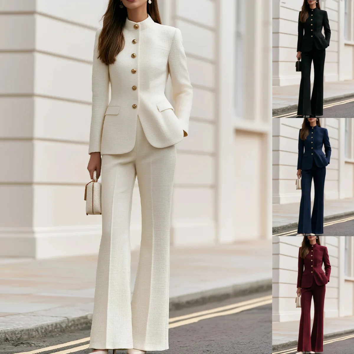 2026 Autumn/winter New Collection: Elegant Lady Cloth-inspired Suit Set With Stand Necklace Gold Buttons, Slim-fit Flared Pants,