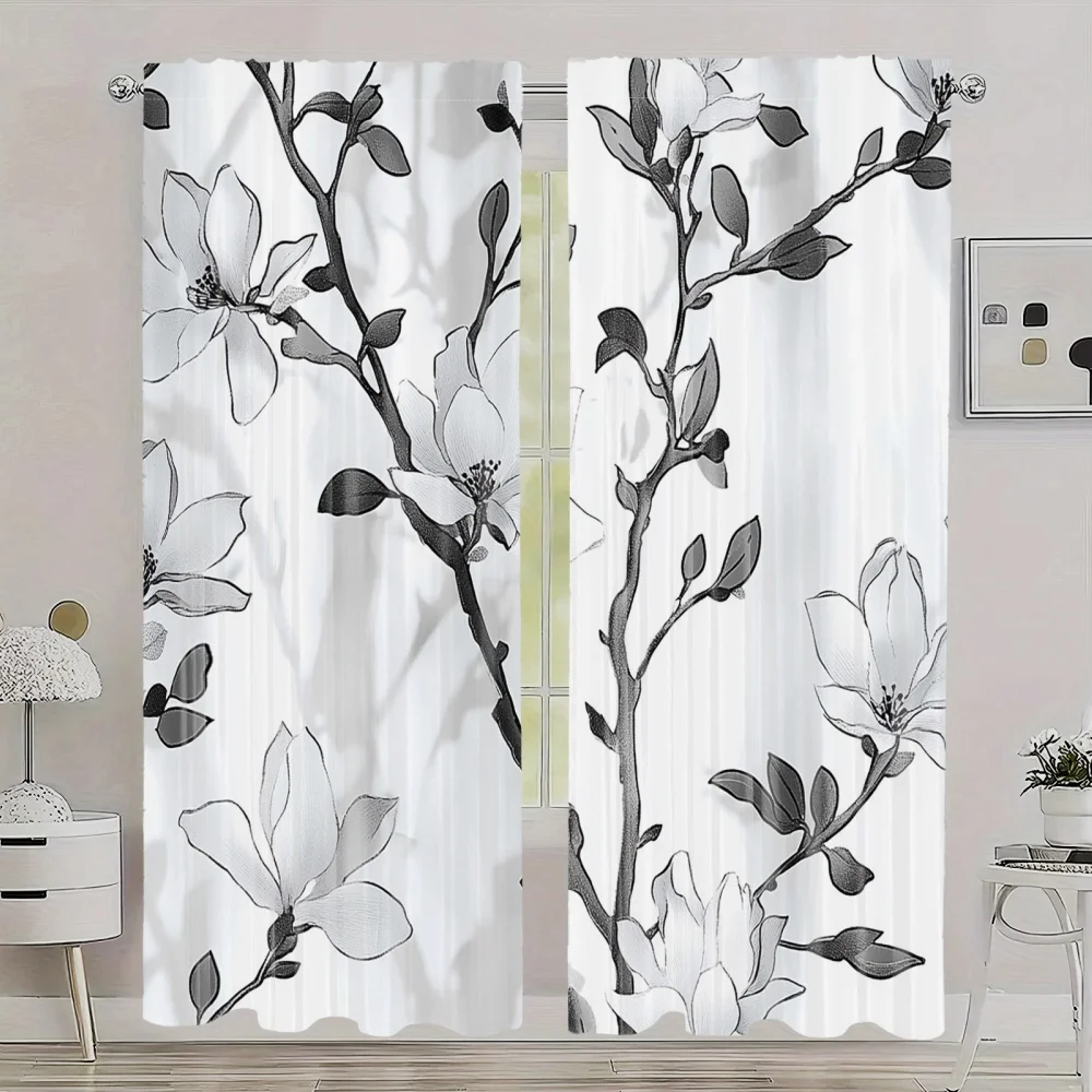 2D Flat, 35x90in*2pcs 2pcs Classic Blackout Curtains, Polyester Plant Design Drapes for Bedroom & Living Room, Thermal Insulated