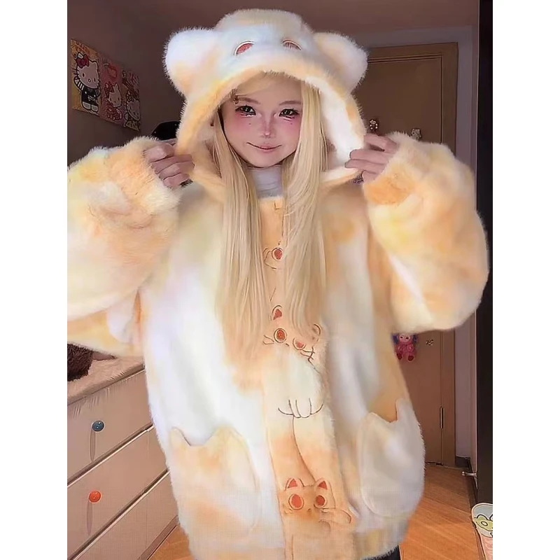 

Cute Print Hooded Thickened Winter Coat Women's Plush Cotton Jacket Sweet Style Small Size Fashionable Design Warm Clothes
