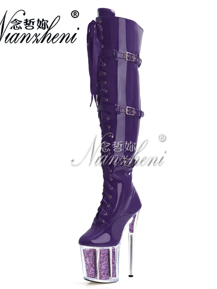 Round Toe 20cm Belt Buckle Sexy Fetish Gothic Pole Dance Shoes Over The Knee Boots Platform 8 Inches Stripper Thin Heels Exotic