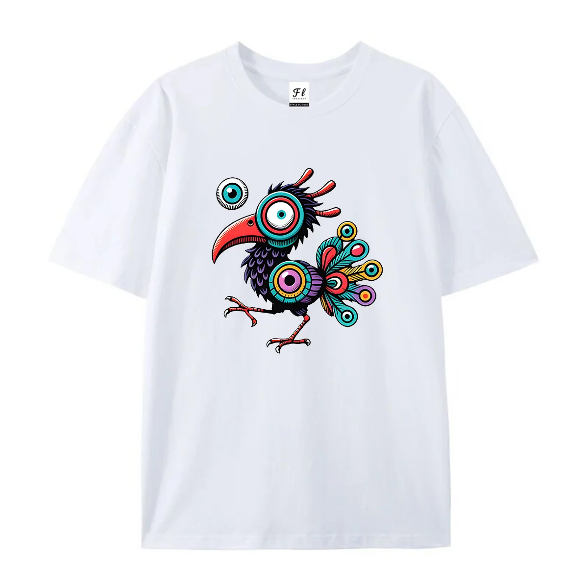 Women Round Neck T Shirt Fantasy Colorful Monster Bird Graphic Tee Casual Short Sleeve Tops Ethnic Hand Drawn Art Pattern Summer