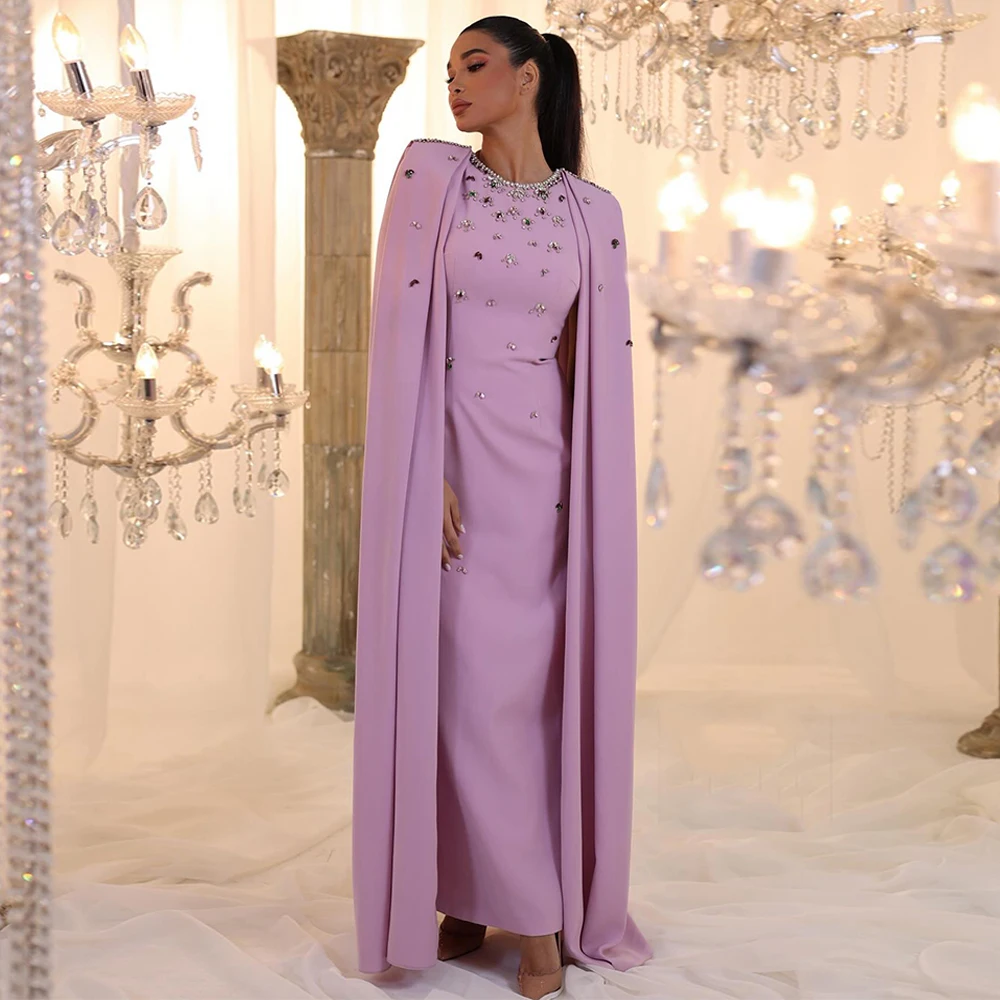 Lilac Prom Dress with Cape Customized Stones Crystal Round Neck Straight Party Gown Ankle Length Saudi Arab Evening Dresses