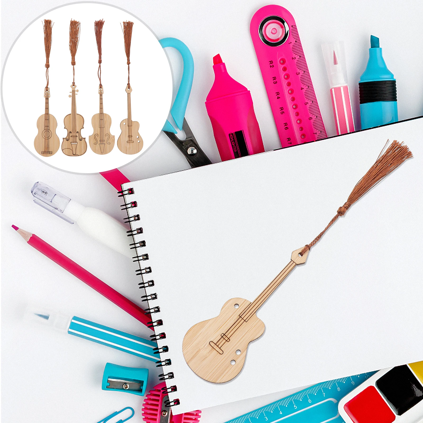 

4pcs Instrument Bookmark Bamboo Guitar Pendant Musical Creative Gifts for Students Kids School Readers Writers Not Easy Fade