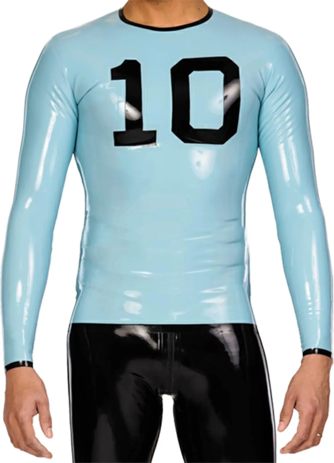 

Men's Long Sleeve Sky Blue Latex T-Shirt and Front with NO.10 Decorations